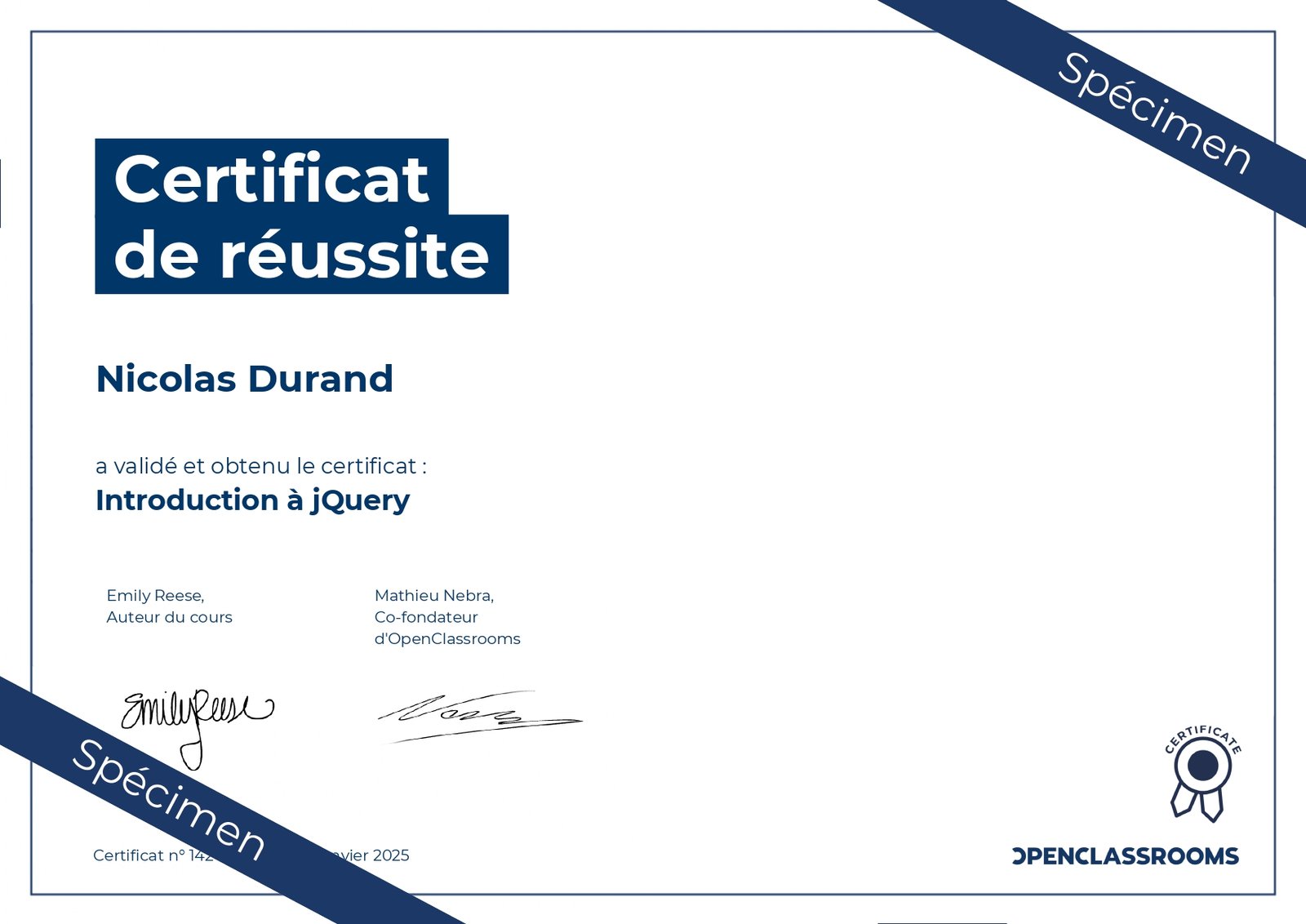 Certificat OpenClassrooms : Introduction à jQuery